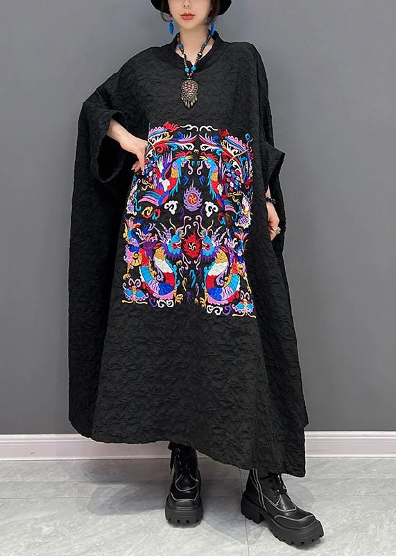 Big Savings French Black printing Wrinkled Dresses Gown Batwing Sleeve