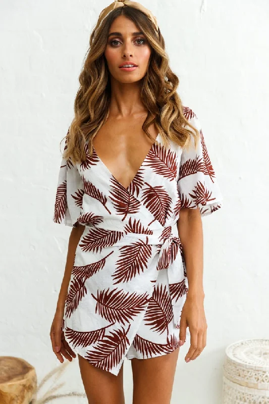 Women's Clothes And Apparel Comfort Centric Apparel Nadi V-Neckline Wrap Romper Palm Print Wine