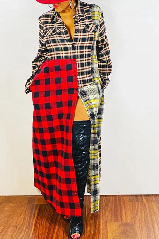 Chic & Cozy Collection Tartan Hit Color Stylish Single Breasted Maxi Dress