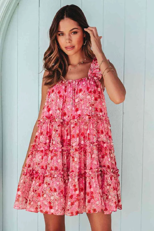 Stylish Looks Pink Floral Square Neck Sleeveless Mini Dress