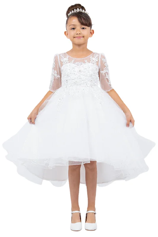 The Epitome Of Modern Women's Fashion Girls Off White Illusion Neckline Beaded Floral Embroidery Hi Low Flower Girl Dress 2-16