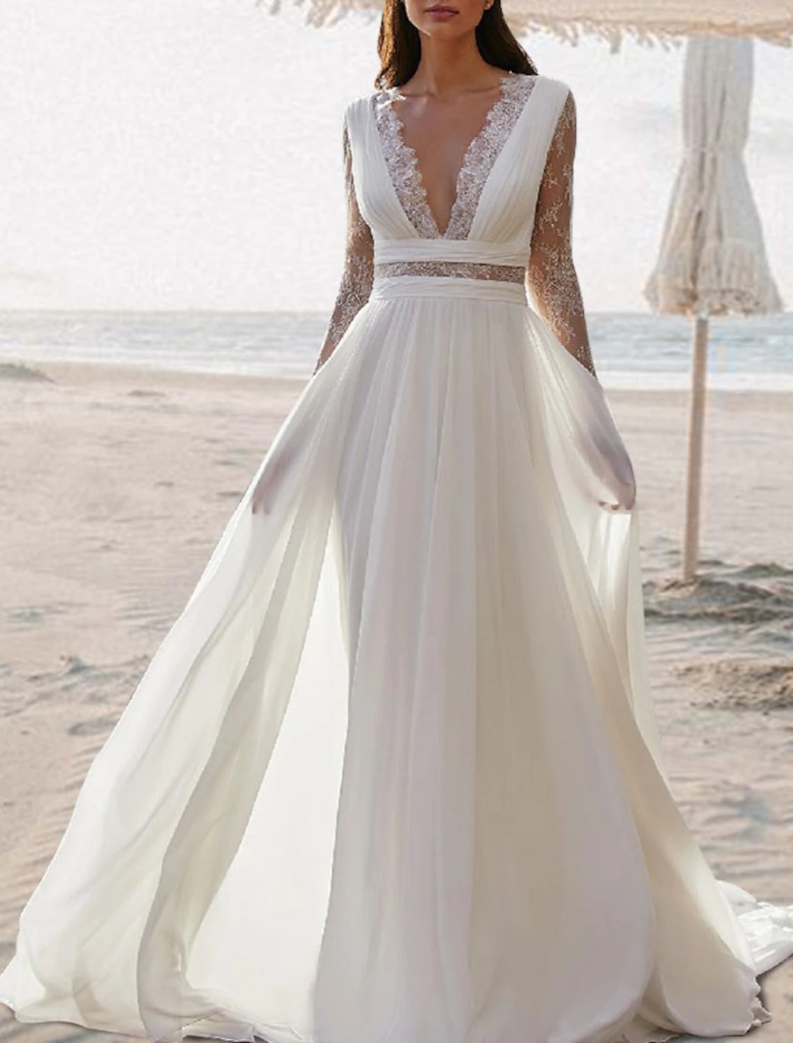 Inspired By You, Designed For You Beach Open Back Boho Wedding Dresses A-Line V Neck Sleeveless Floor Length Chiffon Bridal Gowns With Pleats