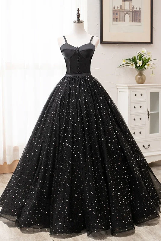 Latest Fashion Spaghetti Straps Ball Gown Black Princess Prom Dresses