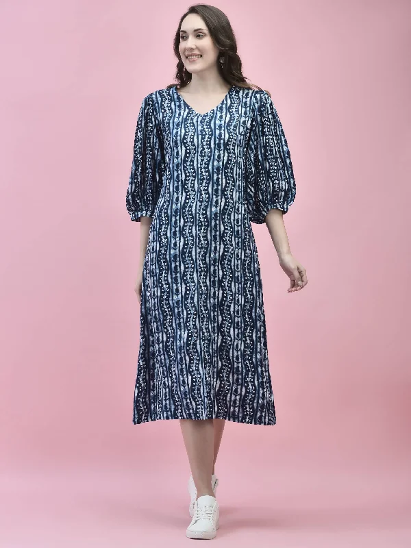 Evening Elegance Women Liva Rayon Blue Floral Print Dress