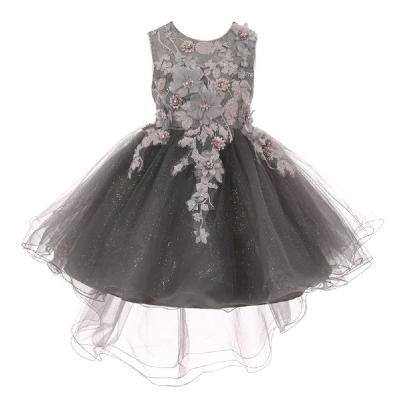 Seasonal Picks Little Girls Silver 3D Floral Appliques Hi-Low Tulle Flower Girl Dress 2-6