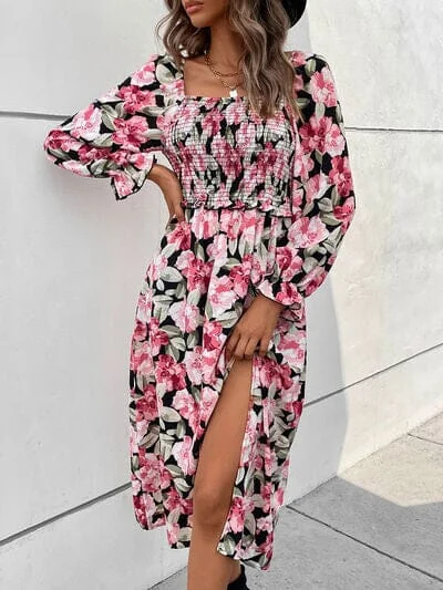 Seasonal Fashion Slit Smocked Floral Flounce Sleeve Dress