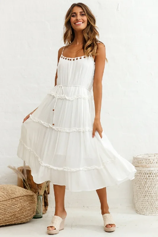 Budget Saver Daybreak Frill Trim Wooden Bead Midi Dress White