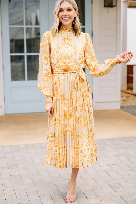 Absurdly Cheap Sale Like Royaly Taupe Brown Baroque Print Midi Dress