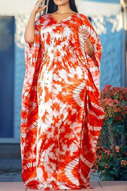 Enjoy Discount Tie Dye Feminine Batwing Sleeve Maxi Dress