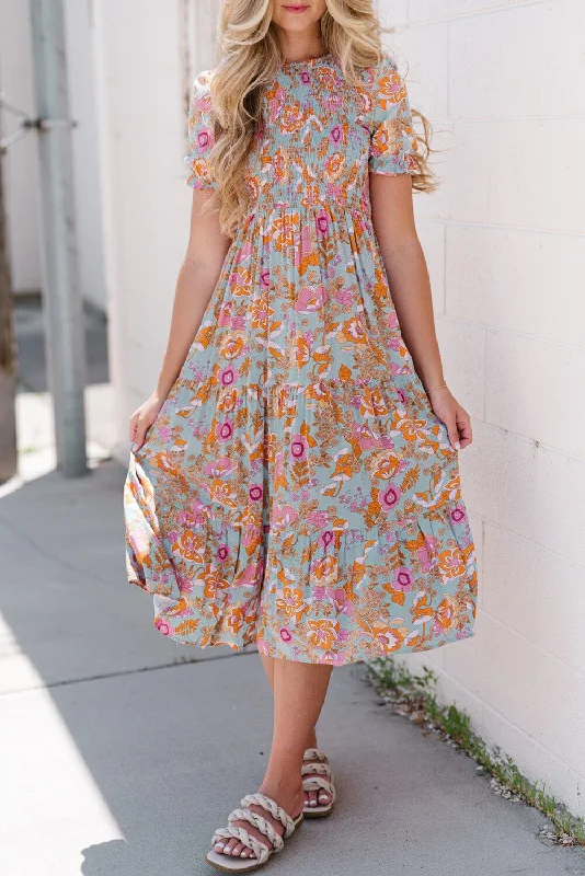 Save Big Floral Flounce Sleeve Round Neck Midi Dress