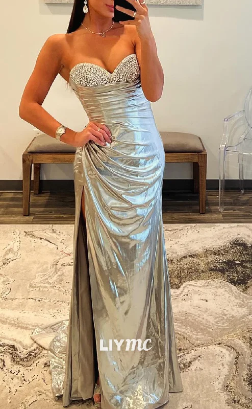 Evening Elegance LP2049 - Sweetheart Sleeveless Beaded Pleated Side Slit Floor-Length Prom Dress