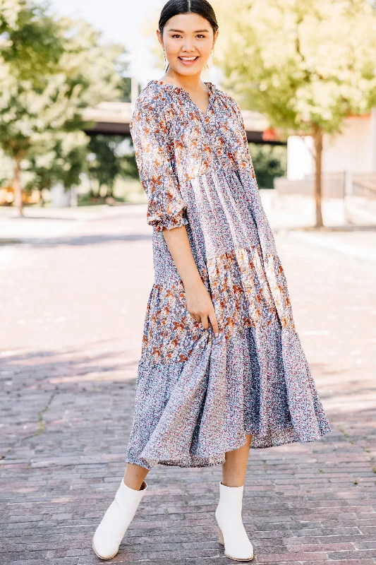 Chic And Trendy Keep Coming Back Blue Mixed Print Midi Dress