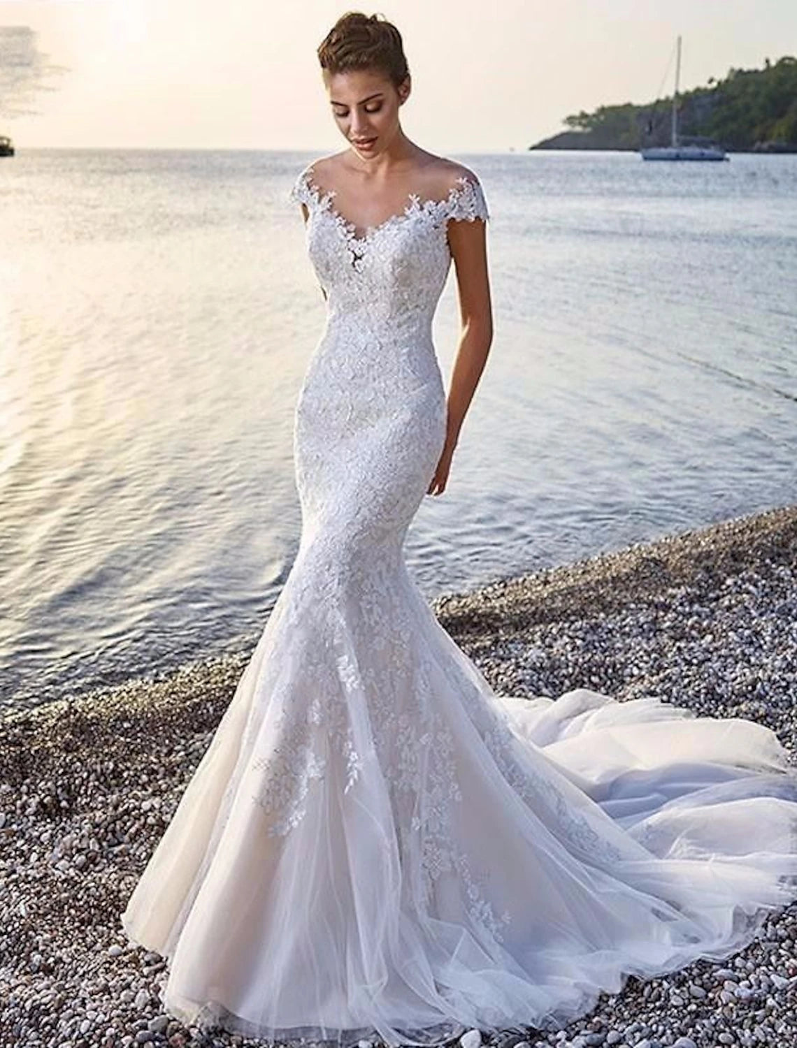 Chic Outfits Beach Formal Wedding Dresses Mermaid / Trumpet Scoop Neck Off Shoulder Cap Sleeve Court Train Lace Bridal Gowns With Appliques