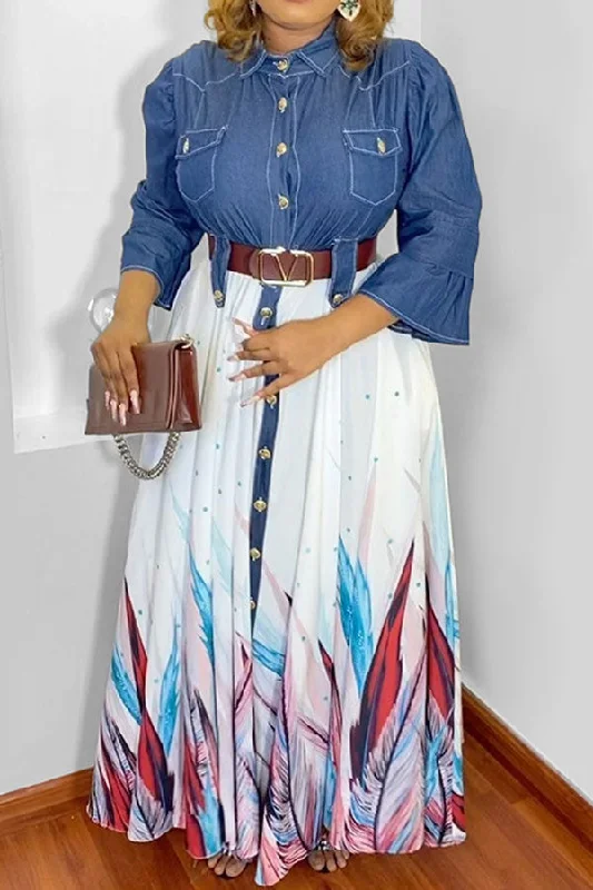 Eco Friendly Fashion Sale Feather Print Stylish Denim Patchwork Single Breasted Maxi Dress