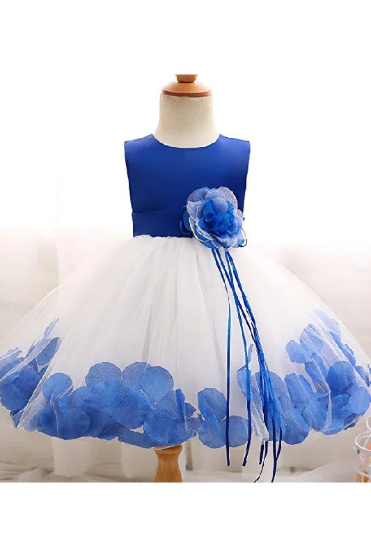 Seasonal Picks White and Blue Ball Gown Sleeveless Long Flower Girl Dresses with Blue Flowers Sash F065