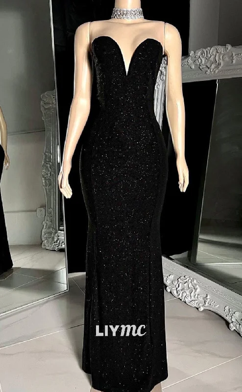 Classic Charm LP2219 - V-Neck Sleeveless Beaded Black Mermaid Floor-Length Prom Dress