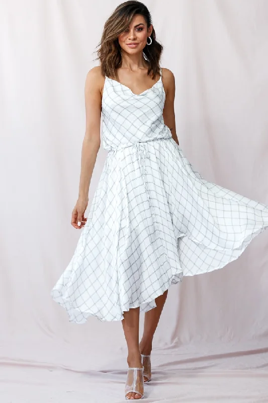 Limited Time Offers Ava Cowl Neck Drawstring Midi Dress Check Print White