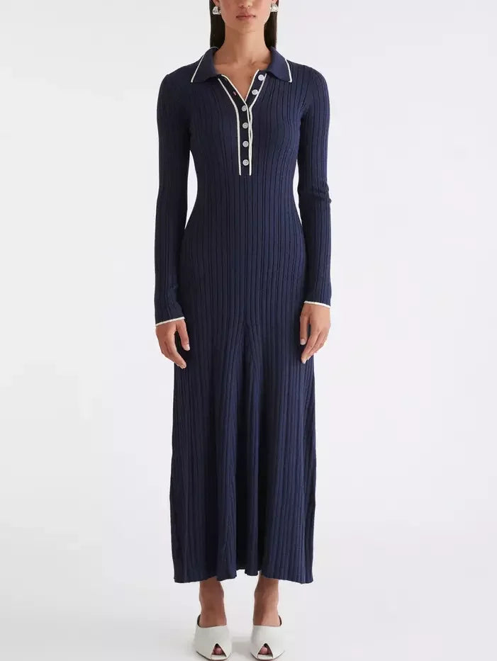 Chic Style, Always In Vogue Bicolor Ribbed Knit Polo Maxi Dress