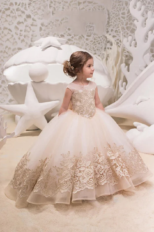 Limited Edition Ivory Ball Gown Tulle Flower Girl Dress with Lace, Backless Flower Girl Dress with Bow F047