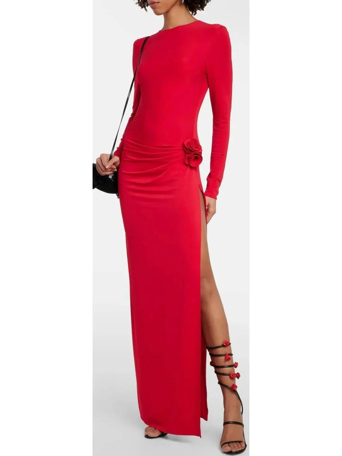 End-Of-Season Clearance Gathered Long Sleeve Maxi Dress in Red