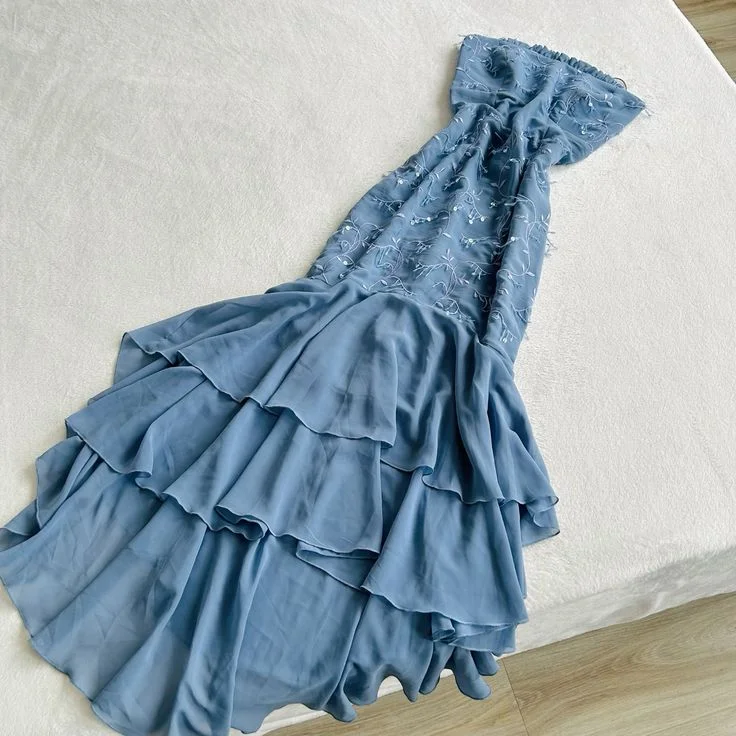 Trend Setting Wardrobe Blue Strapless Sleeveless Long Formal Party Dress Chiffon Long Prom Dress       S5920