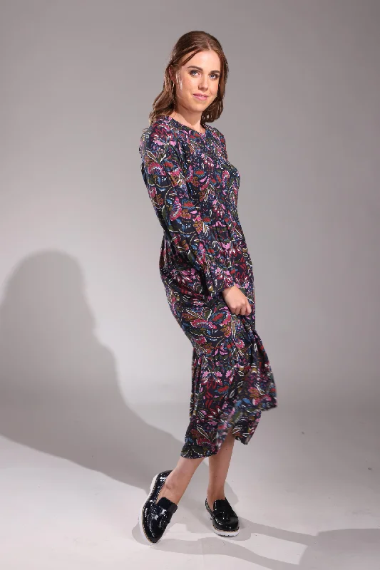 Fashion Forward, Function First Shirred front Cotton Rayon Dress | Navy Olive Floral | 6542ZZ