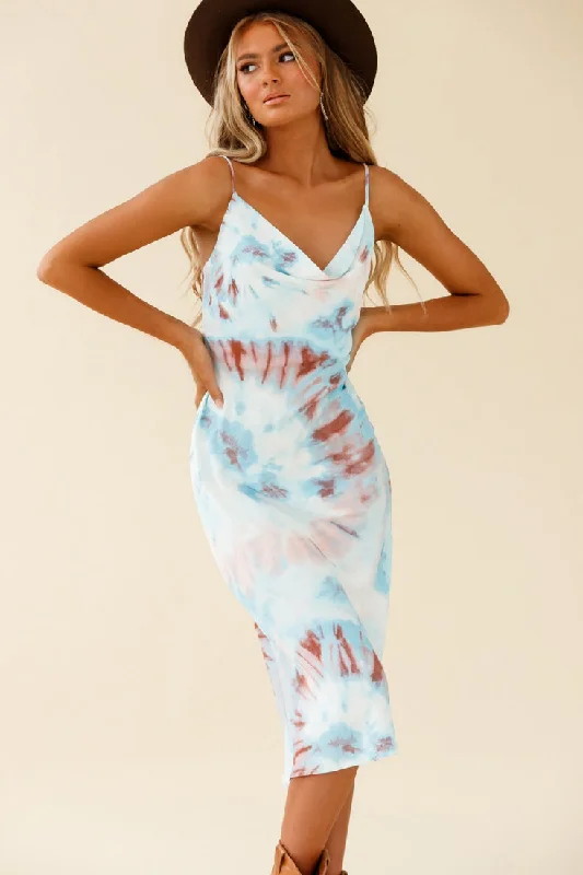 Shop Sales Show Me Love Cowl Neck Midi Dress Tie-Dye Blue Multi