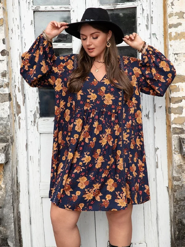 Chic Trends Unveiled Plus Size Floral V-Neck Balloon Sleeve Dress