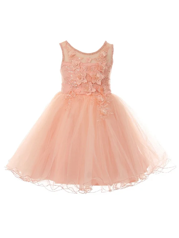 Attire Sale Little Girls Peach 3D Floral Sequin Wired Tulle Skirt Flower Girl Dress 2-6