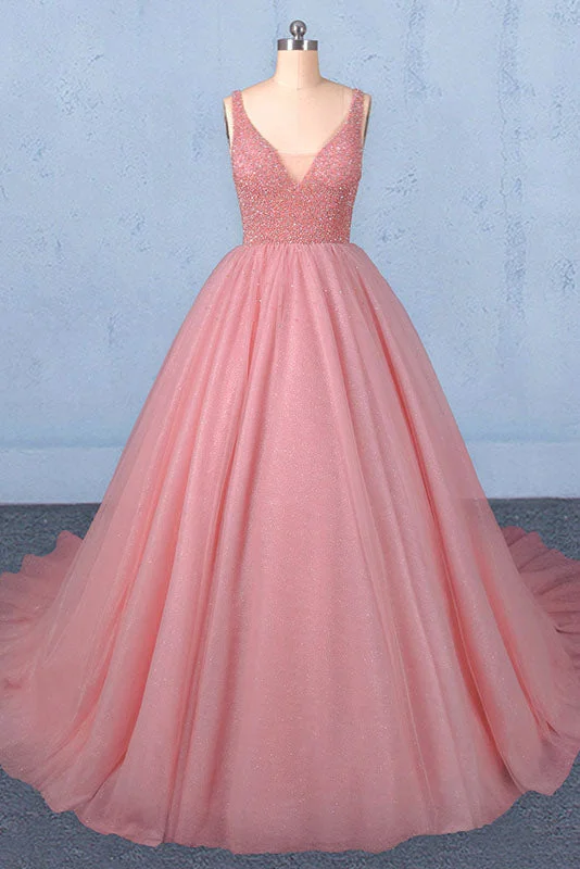 Chic Outfits Ball Gown V-Neck Tulle Prom Dress with Beads Puffy Sleeveless Quinceanera Dress N2333