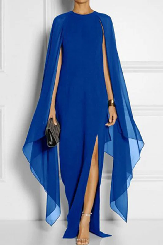 Seize Bargains Solid Color Modern Cape Sleeve Irregular Maxi Dress