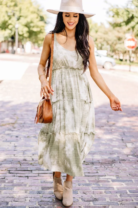 Trendy Aesthetics All The Above Olive Green Tie Dye Midi Dress