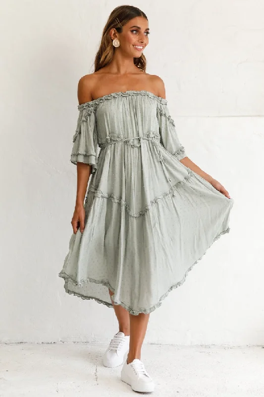 Best Seller Renoir Off-Shoulder Frill Trim Midi Dress Olive