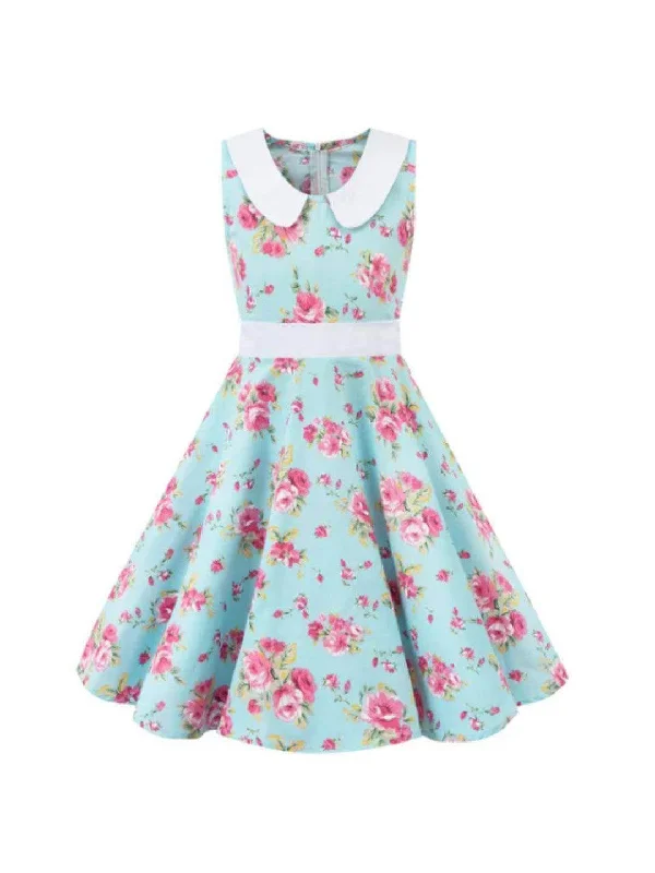 Effortless Chic Apparel Girls Blue Floral Rockabilly Dress