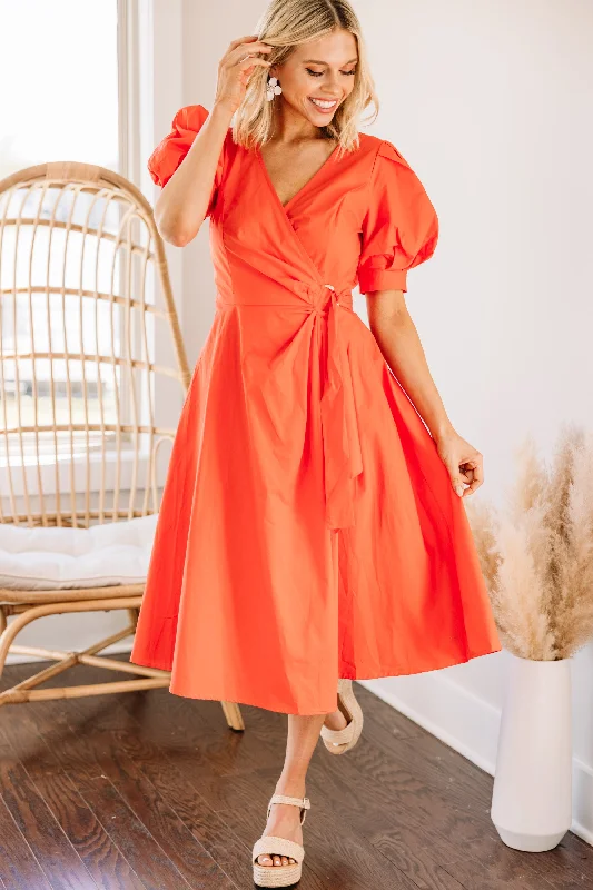 The Latest Trends I've Got A Feeling Orange Puff Sleeve Midi Dress