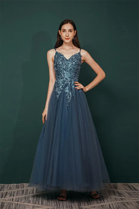 Fashion Deal Pretty Long Tulle Prom Dresses Spaghetti Straps Prom Gowns With Appliques Y351032