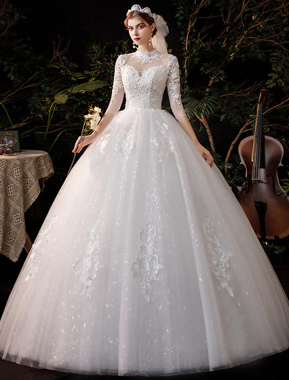 Weekend Exclusive Reception Wedding Dresses Ball Gown High Neck Half Sleeve Floor Length Lace Bridal Gowns With Appliques