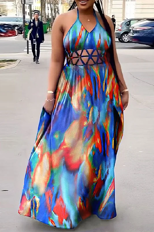 Save Big Tie Dye Feminine Halter Collar Cutout Maxi Dress