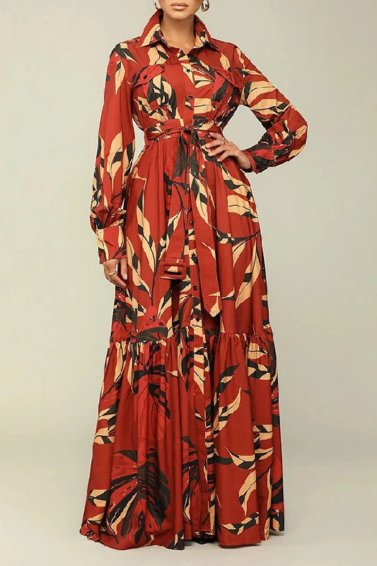 From Casual To Classy Leaf Print Feminine Single Breasted Belted Maxi Dress