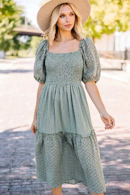 Athleisure Wear Special Offer Want It All Sage Green Eyelet Midi Dress