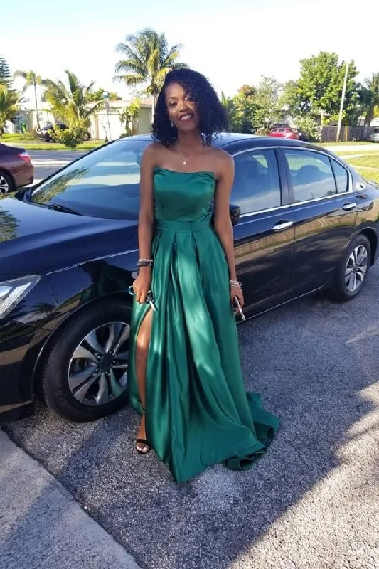 Vintage Retro Party Wear Hunter Green Satin Prom Dresses,Strapless Maxi Long Dress with Side Slit         S3748