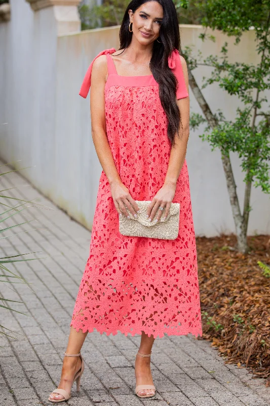 Insane Discount Onslaught It's The Dream Coral Pink Lace Midi Dress