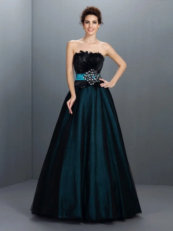 Versatile Wardrobe Essentials Ball Gown Strapless Feathers/Fur Sleeveless Long Elastic Woven Satin Quinceanera Dresses