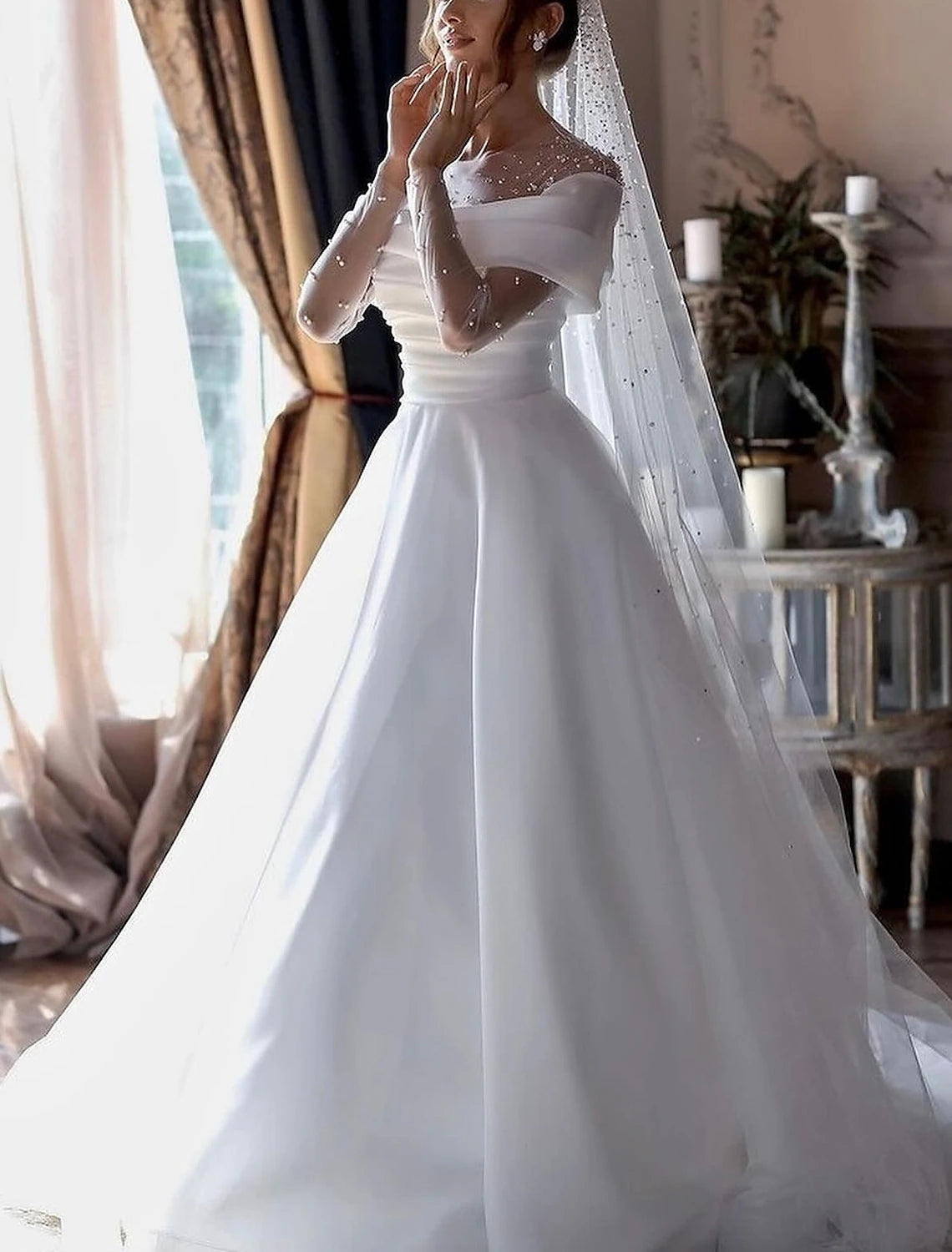 Stupidly Low Prices Simple Wedding Dresses Wedding Dresses A-Line V Neck Long Sleeve Court Train Chiffon Bridal Gowns With Pleats Ruched