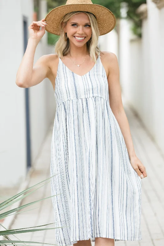 Exclusive Designer Collection Summer Moves Navy Blue Striped Midi Dress