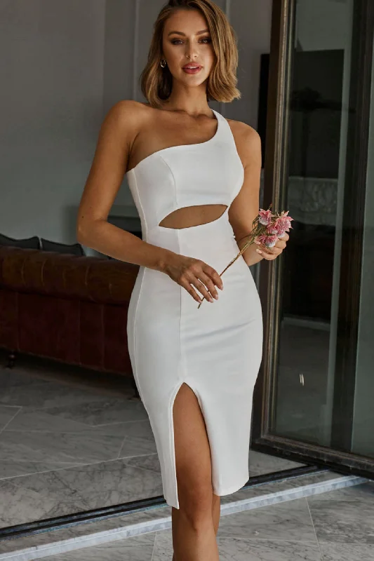 Spring Fashion Hideaway One-Shoulder Cut-Out Front Split Midi Dress White