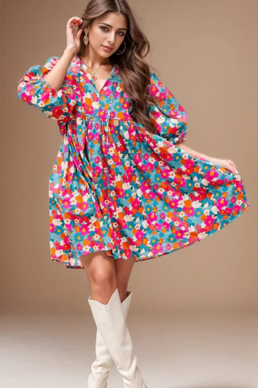 End Of Season Sale Floral Tie Neck Puff Sleeve Mini Dress