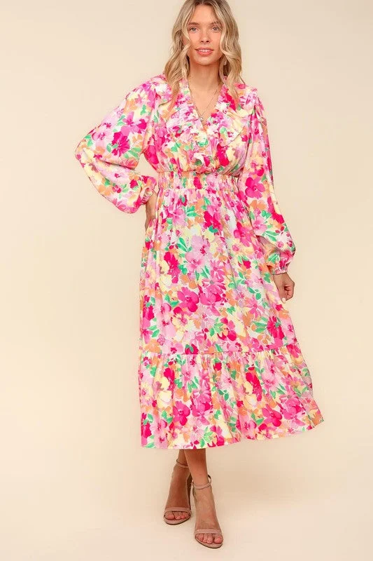 Trend Forward Threads Haptics Full Size Floral Surplice Balloon Sleeve Dress with Side Pockets