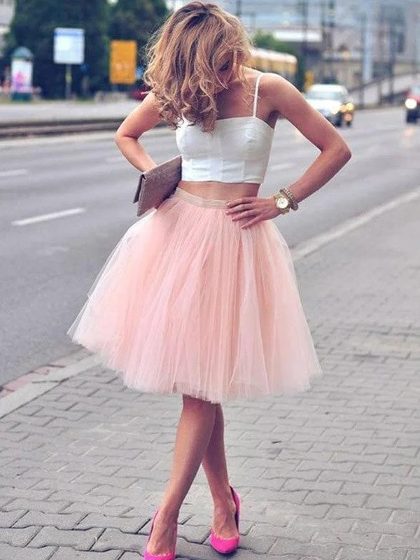 Chic & Cozy Apparel A-Line/Princess Tulle Sleeveless Pleats Spaghetti Straps Knee-Length Two Piece Dresses