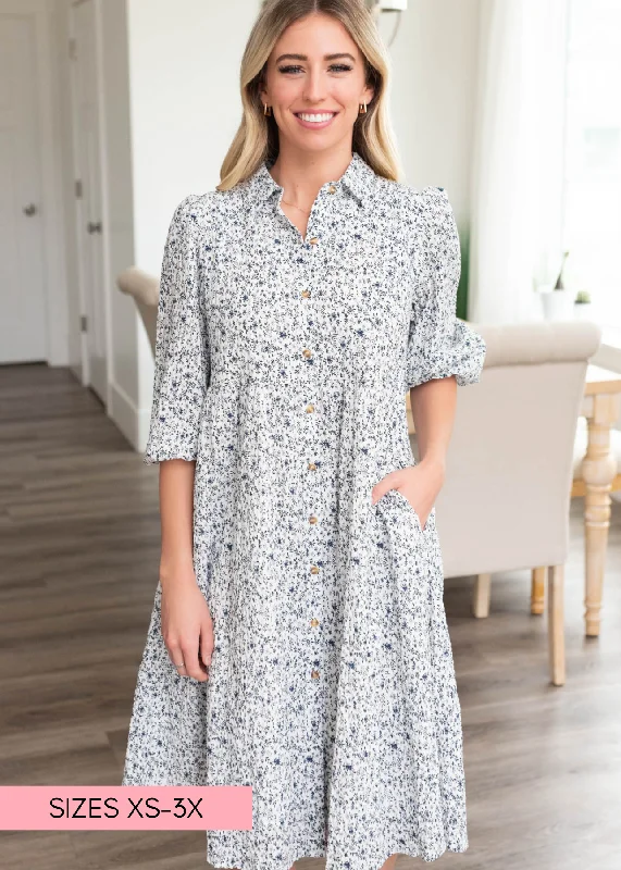 High End Designer Brands Discount Kamrey Blue Floral Button Dress